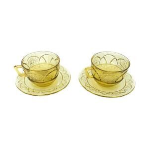 Federal Glass Rosemary Tea Cup Saucer Set Of 2 Dutch Rose Amber Depression Glass
